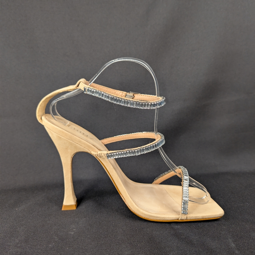 Schutz Ariella Crystal Sandals Nude Suede Square Toe Rhinestone 9.5B